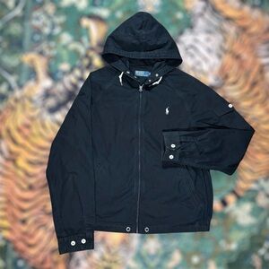 Vintage Polo Ralph Lauren Hooded Jacket Full Zip Twill Canvas Black Large